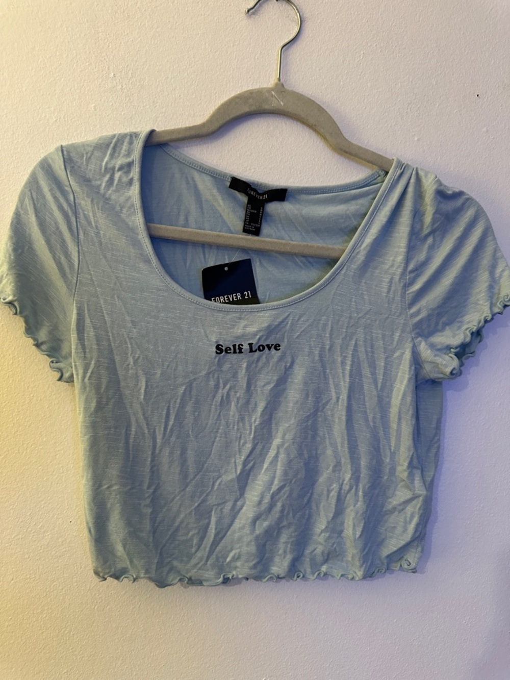 Forever 21 Light Blue "Self Love" Scoop Neck Crop Tee